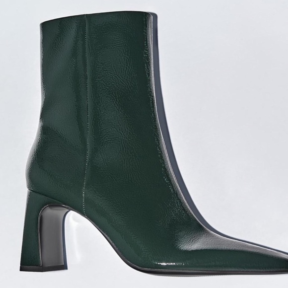 Zara Shoes - Zara Glossy Green Square Heeled Ankle Boots